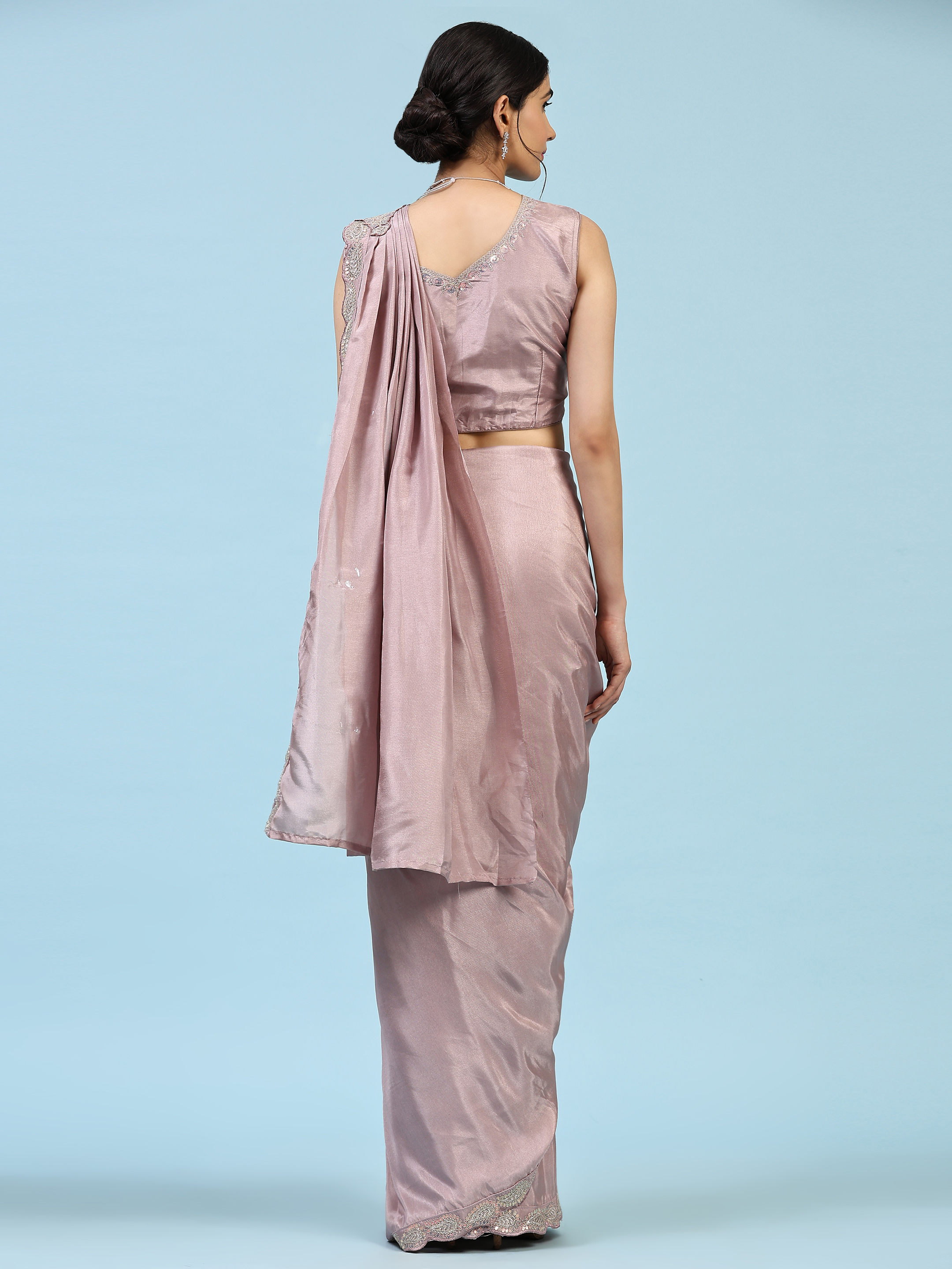 Premium Silk Sattin Hand Embroidery & Sequince Work Readywear Saree With Designer Blouse